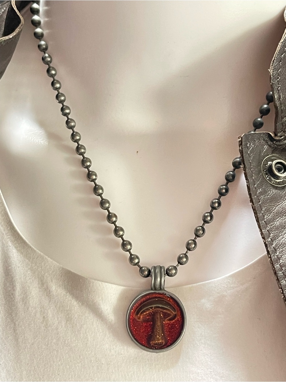 Silver Ball Chain Necklace with Red Glitter Mushroom Pendant